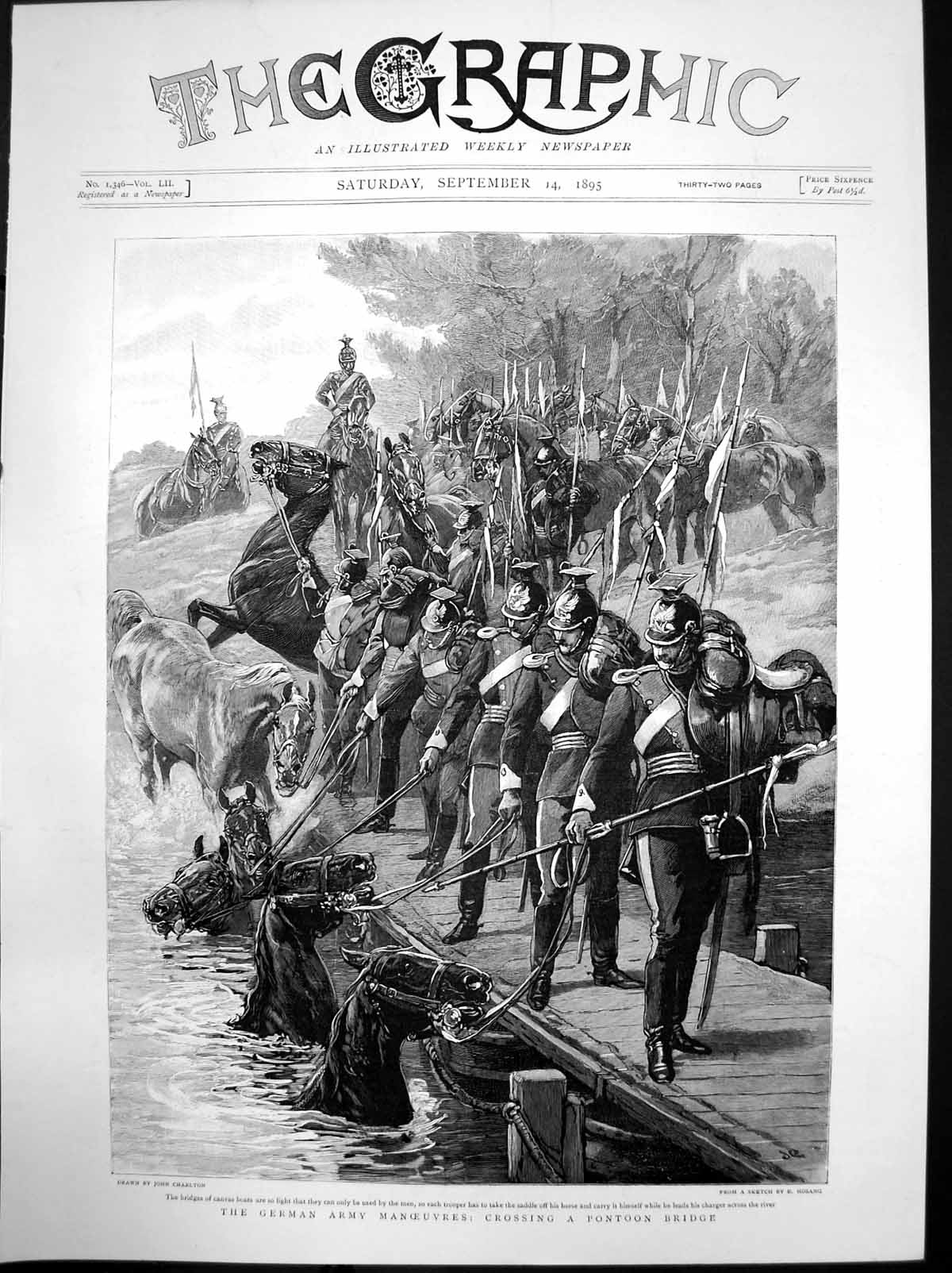 Antique Old Print German Army Manoeuvres Crossing Pontoon Bridge Horses 1895