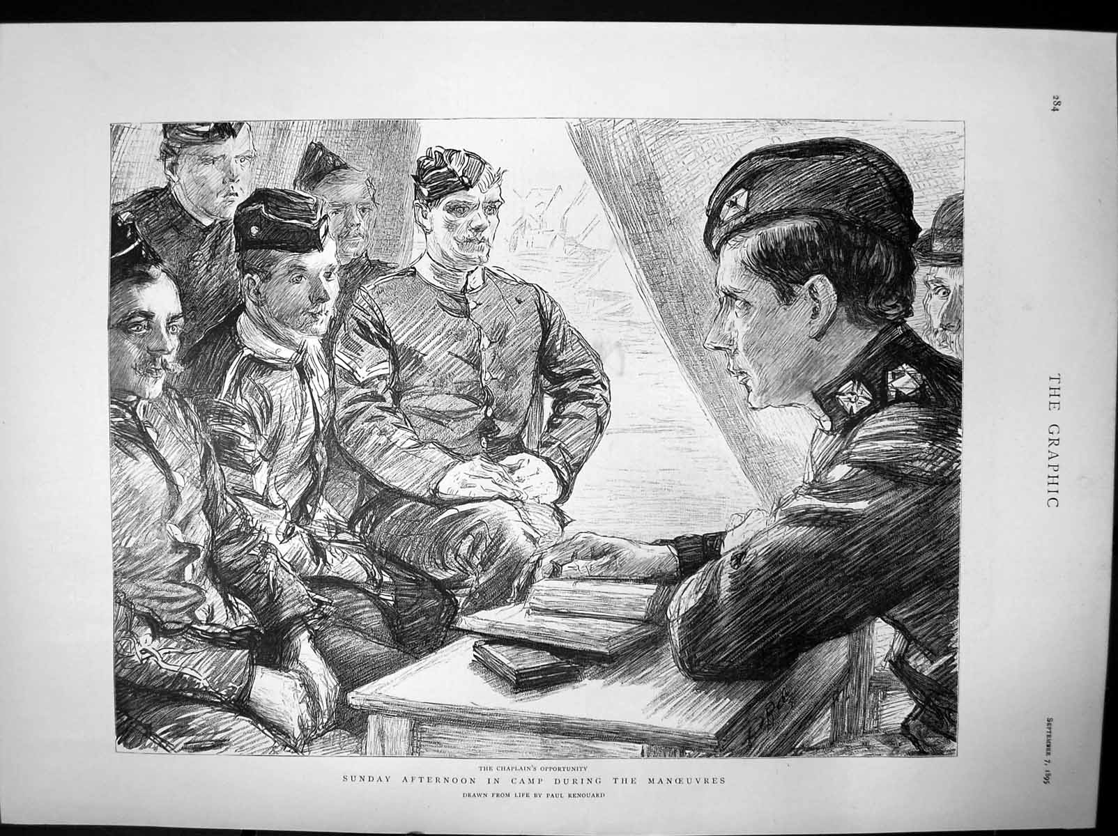 Old Antique Print Sunday Afternoon Camp During Manoeuvres Chaplain 1895 19th