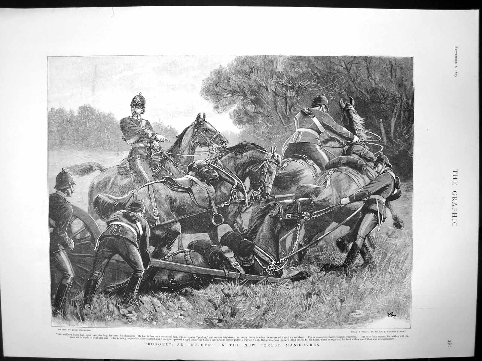 Original Old Antique Print Bogged New Forest Manoeuvres Horse Sunk Bog 1895