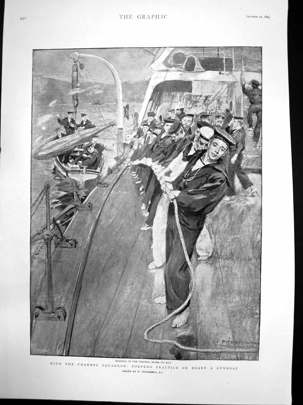 Antique Old Print With Channel Squadron Torpedo Practice On Board Gunboat1895