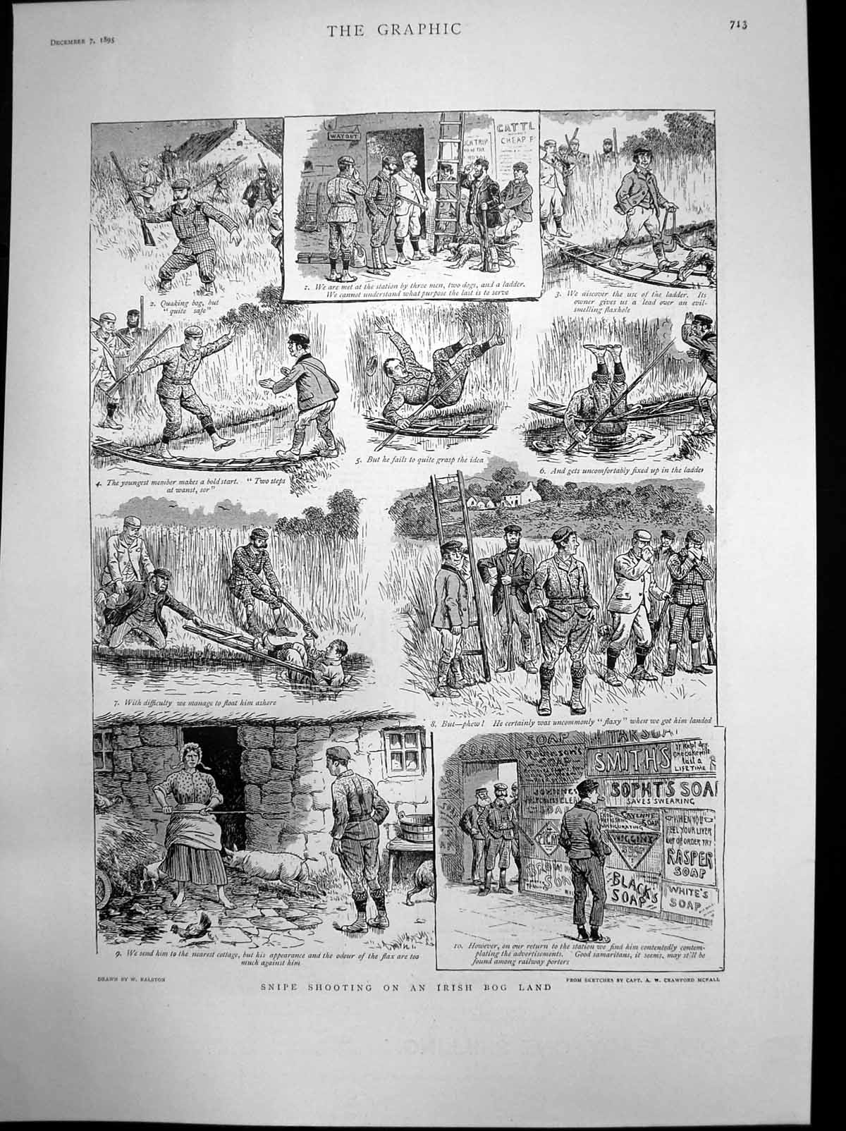 Old Antique Print Snipe Shooting Irish Bog Land Dogs Ladder Fall Bog 1895 19th