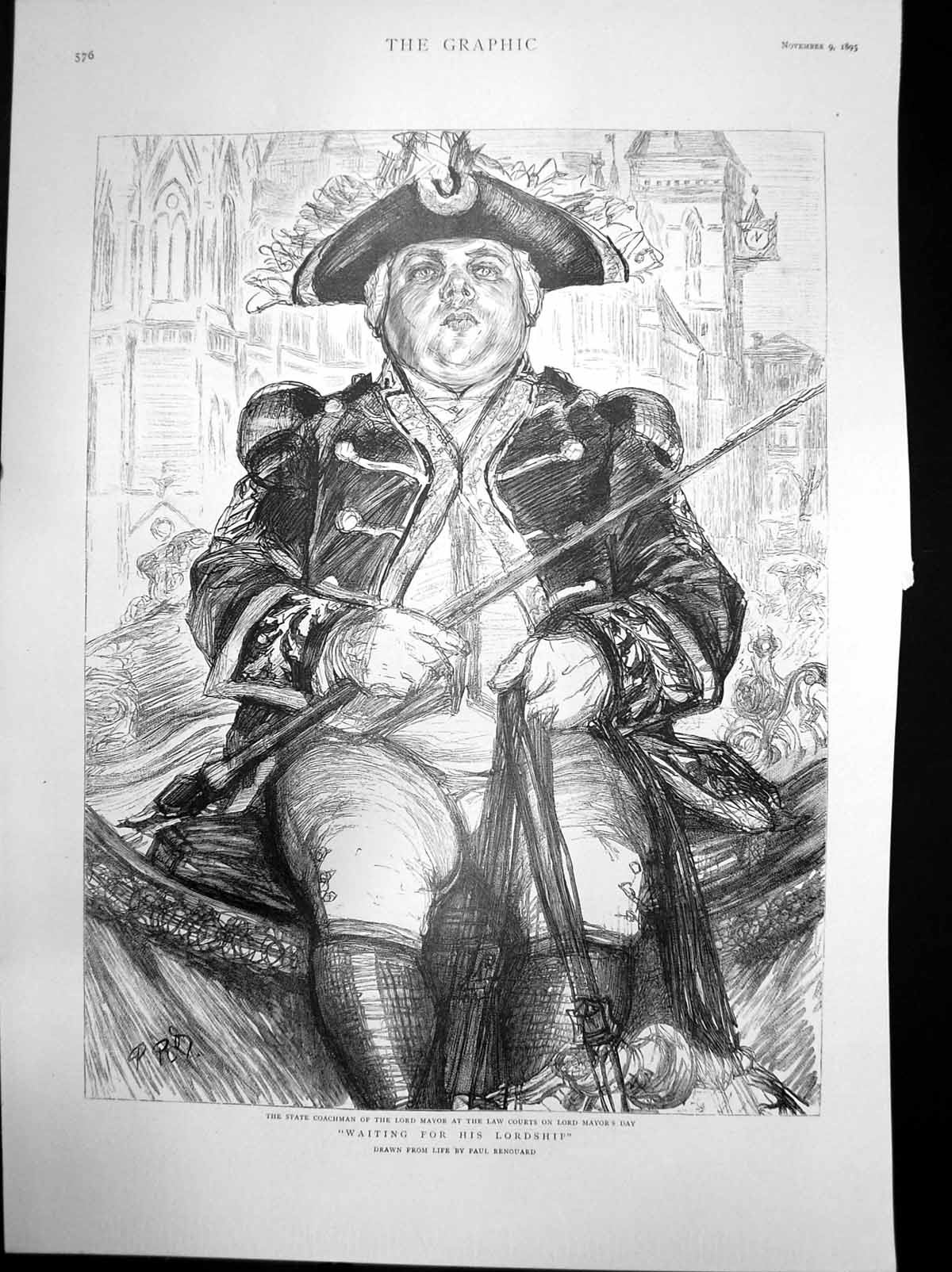 Antique Old Print Waiting His Lordship Coachman Lord Mayor Law Courts 1895 19th