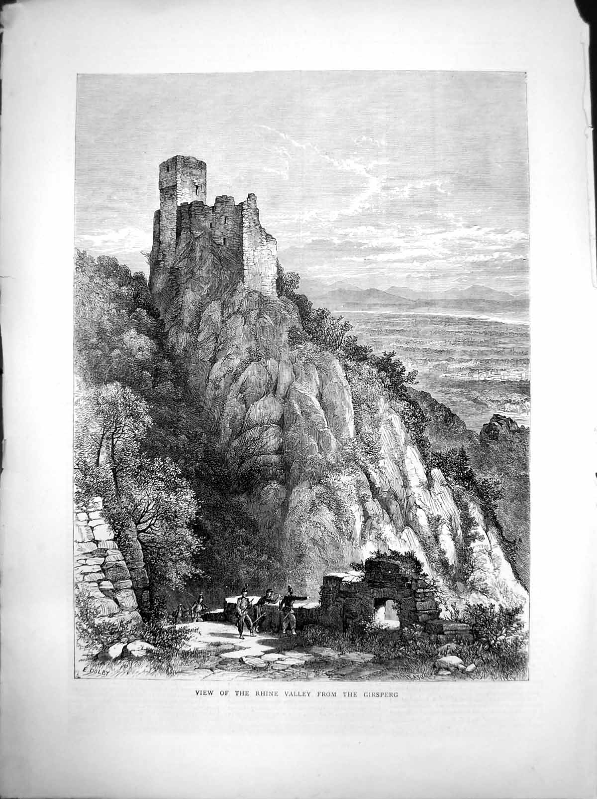 Antique Old Print View Rhine Valley From Girsperg Ruins Top High Cliff 1870