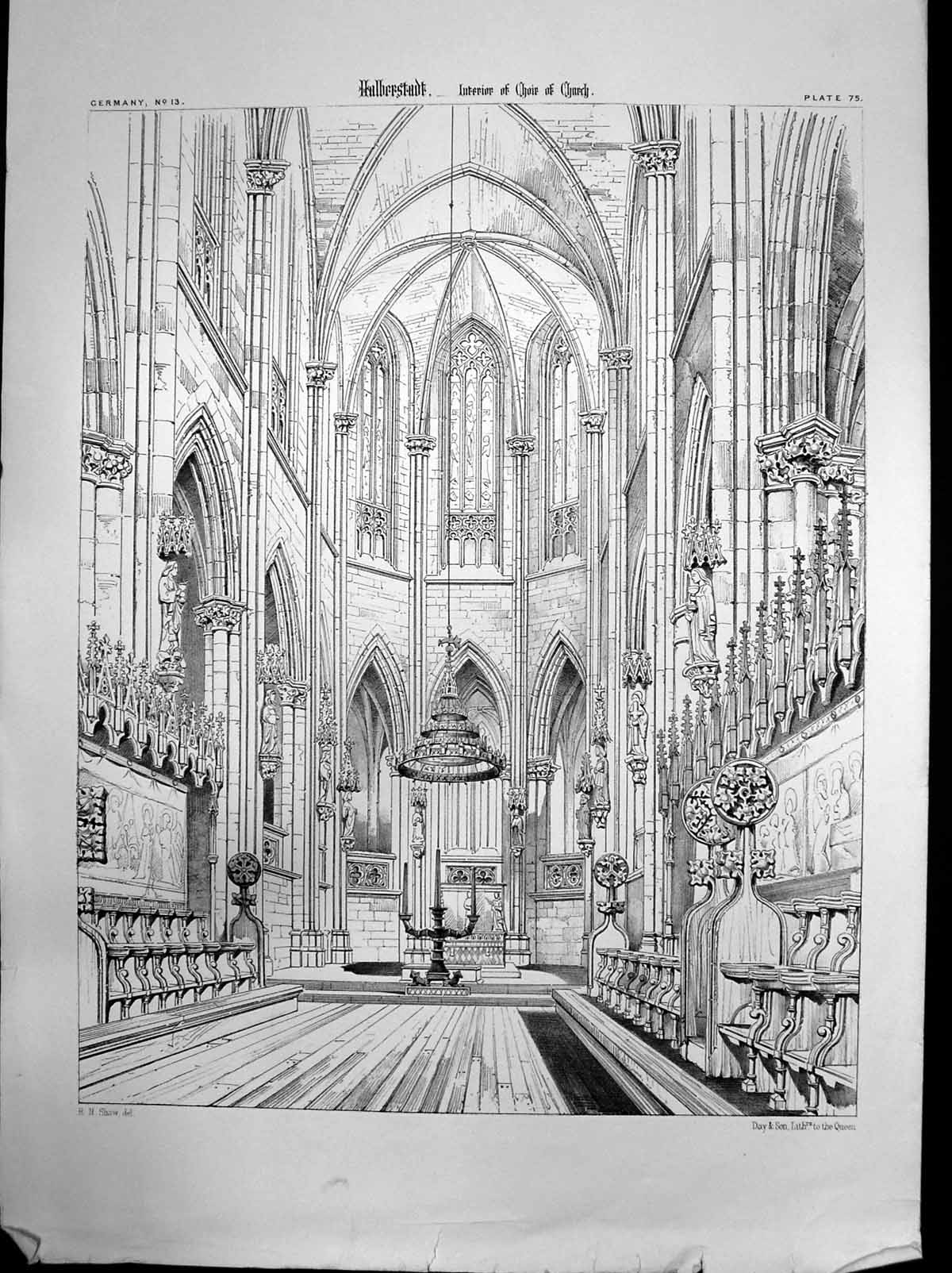 Original Old Antique Print Halberstadt Interior Choir Church Germany C 1890
