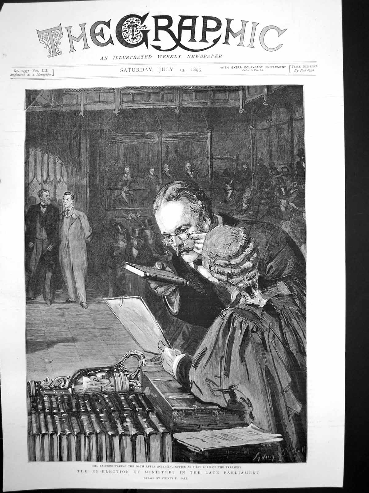 Antique Old Print Re-Election Ministers Parliament Balfour Lord Treasury 1895