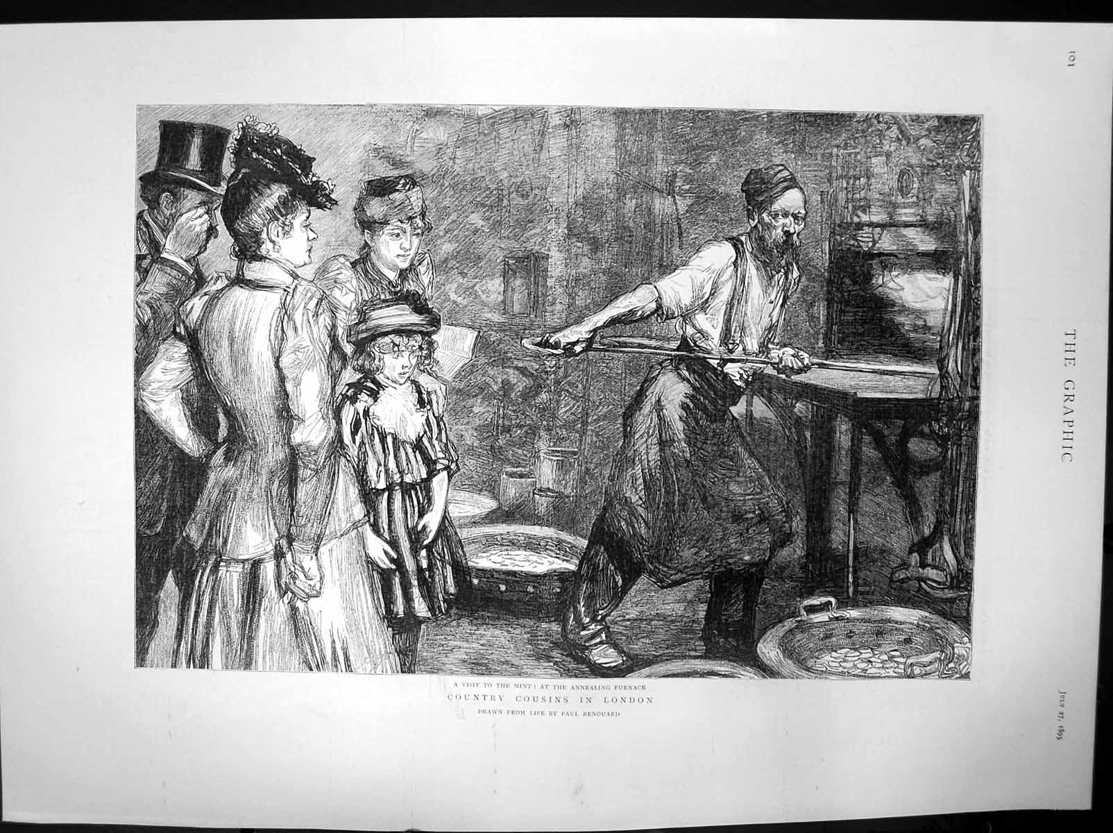 Antique Old Print Country Cousins London Visit Mint Annealing Furnace 1895 19th