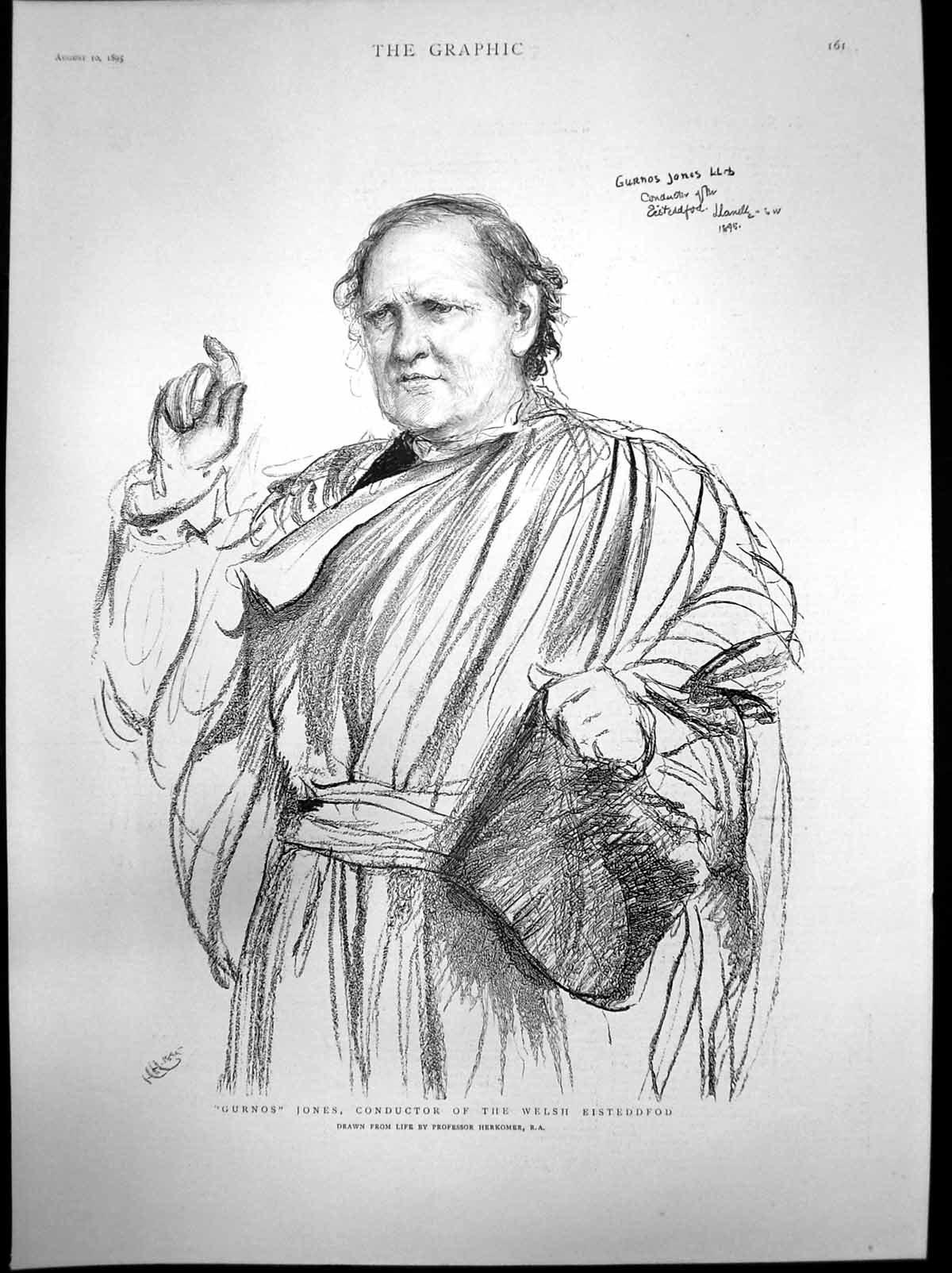 Original Old Antique Print Gurnos Jones Conductor Welsh Eisteddfod 1895 19th