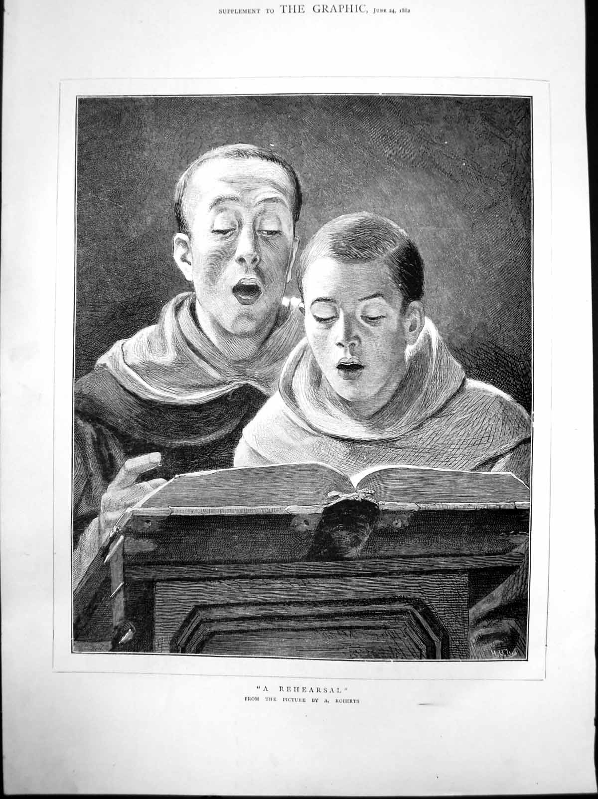 Original Old Antique Print A Rehearsal A Roberts Two Choirboys Singing 1882