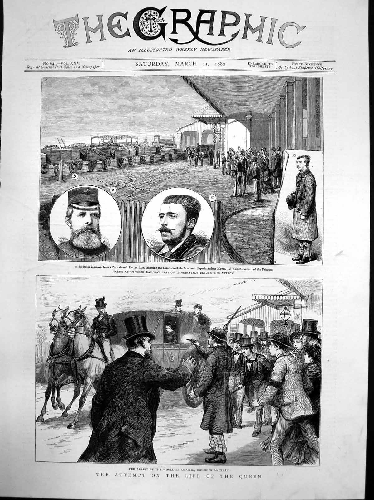 Antique Old Print Windsor Railway Atation Attempt Life Queen R Maclean 1882