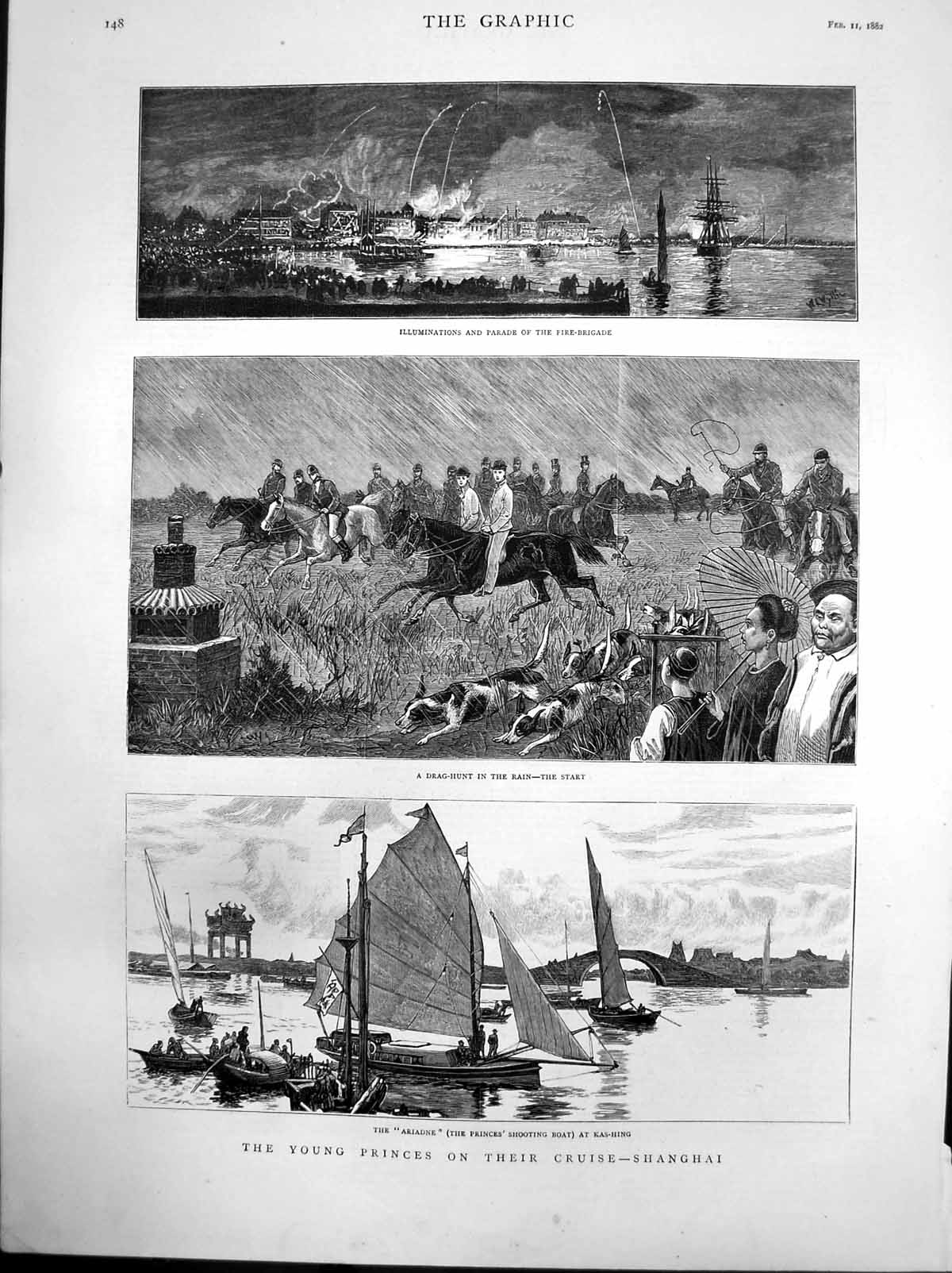 Antique Old Print Young Princes Cruise Shanghai Drag=Hunt Rain Ariadne 1882