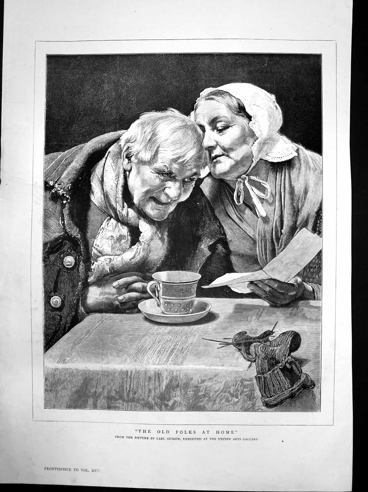 Antique Old Print Folks Home Carl Gussow Couple Table Teacup Knitting 1882 19th