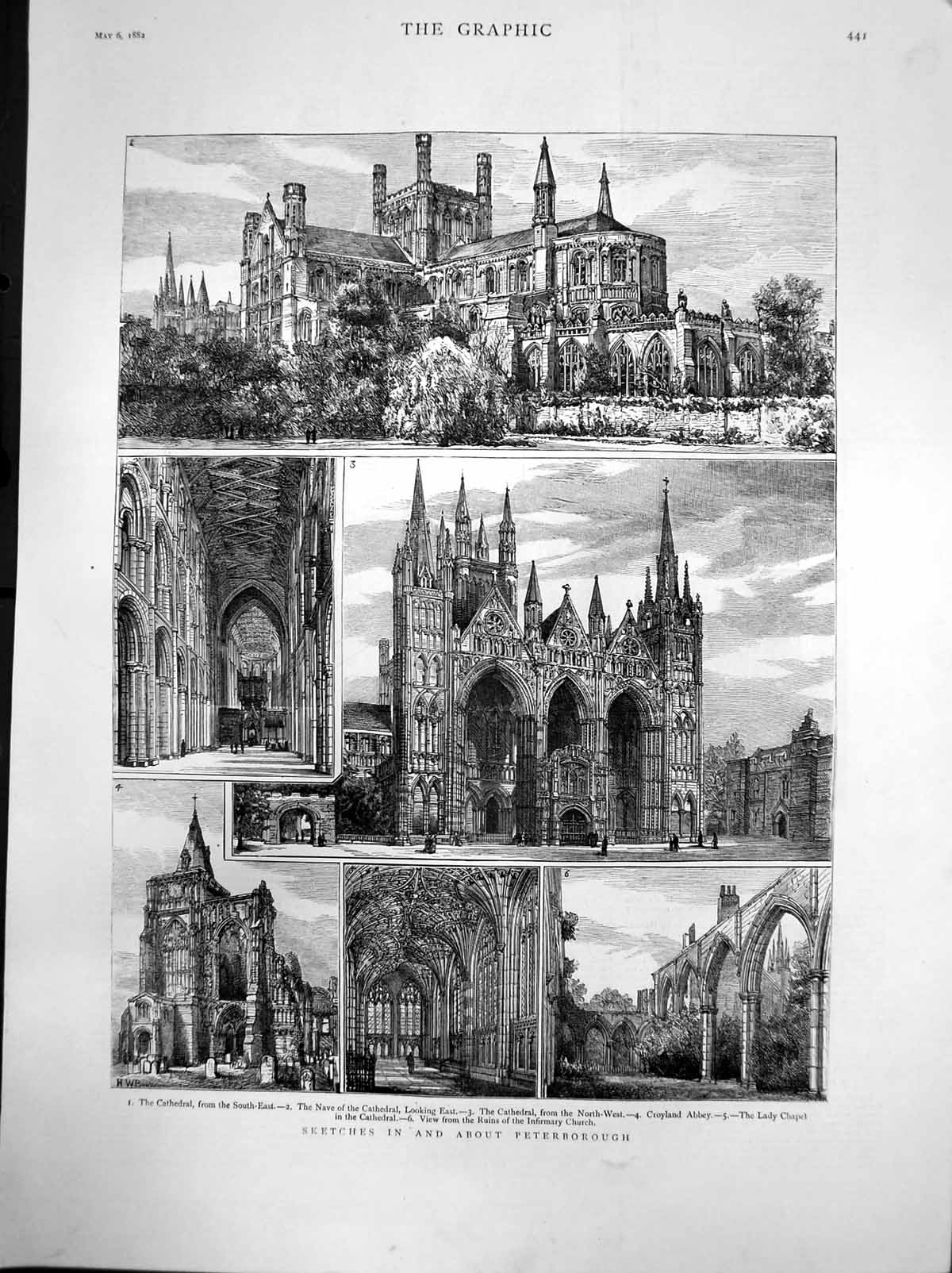 Old Antique Print Peterborough Croyland Abbey Ruins Infirmary Church 1882 19th