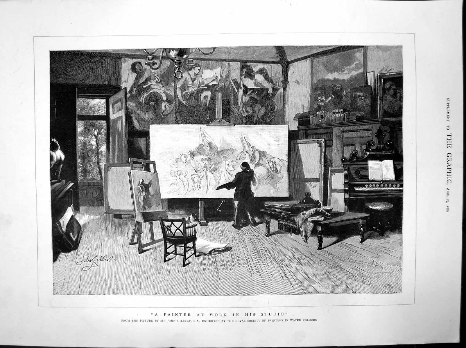 Antique Old Print Painter Work Studio Sir John Gilbert Large Paintings 1882