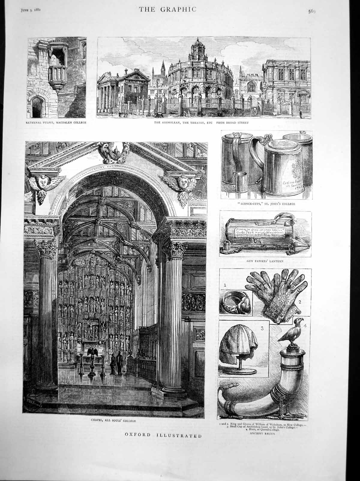 Antique Old Print Oxford Ashmolean Theatre Magdalen College All Souls 1882 19th