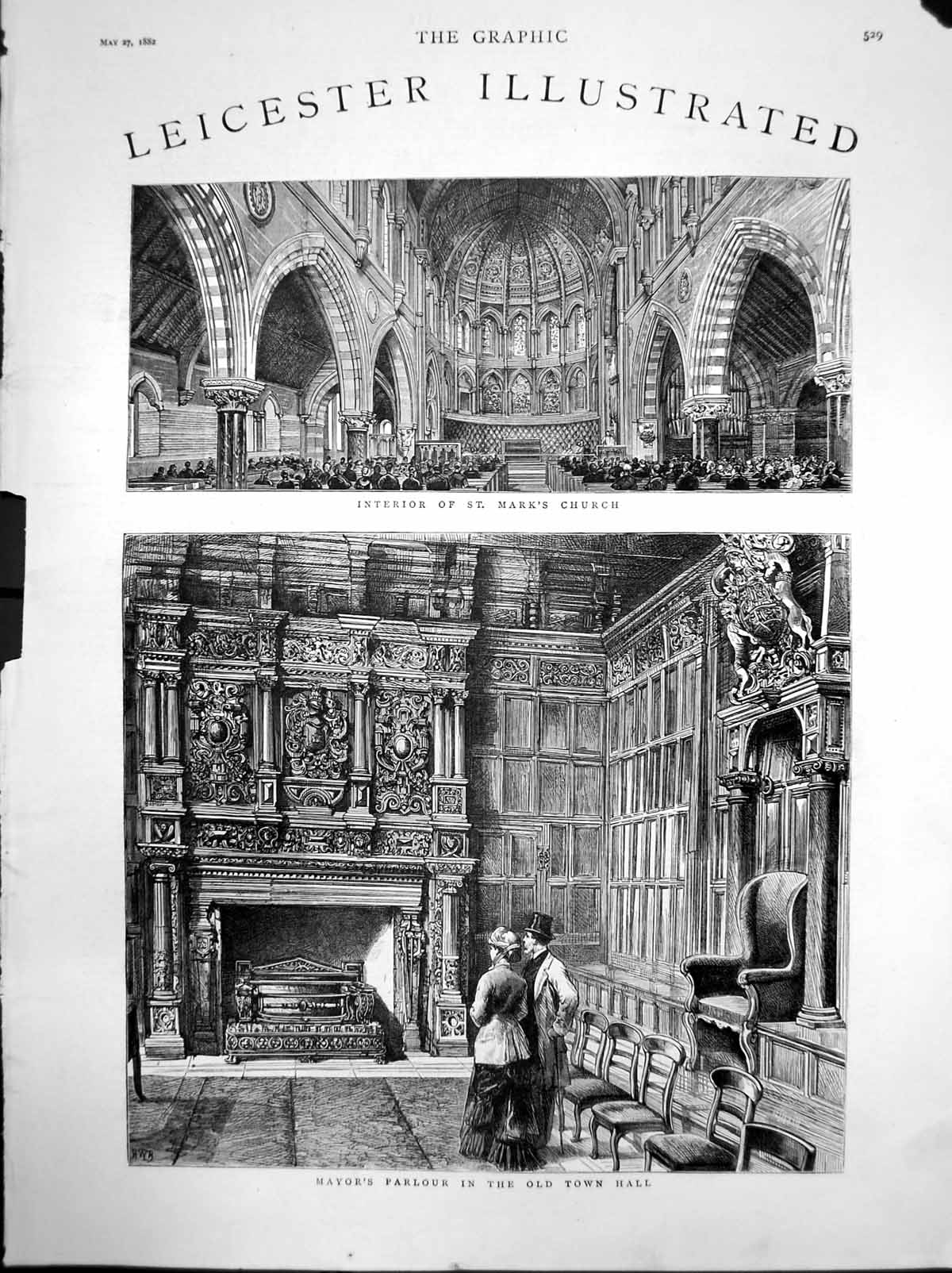 Old Antique Print Leicester St Marks Church Mayors Parlour Town Hall 1882 19th
