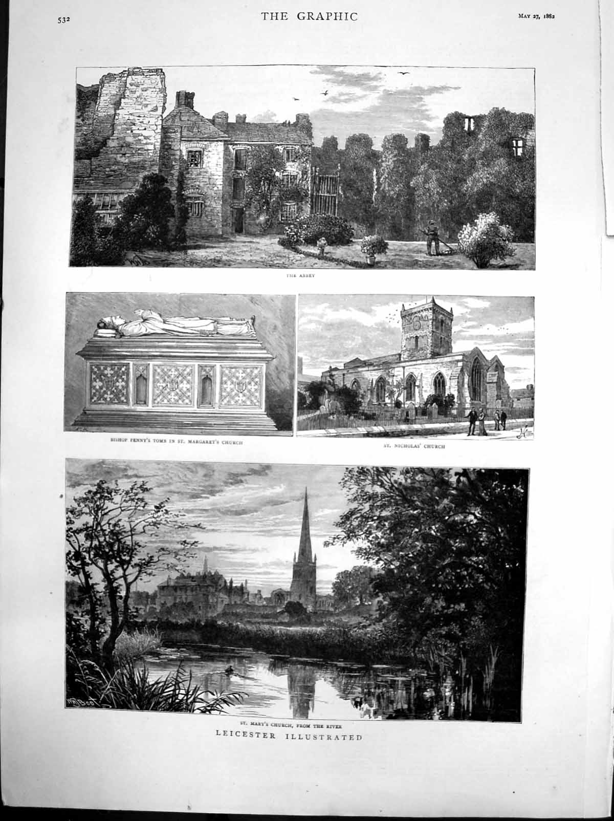 Old Antique Print Leicester St Marys Church St Nicholas Church Abbey 1882 19th