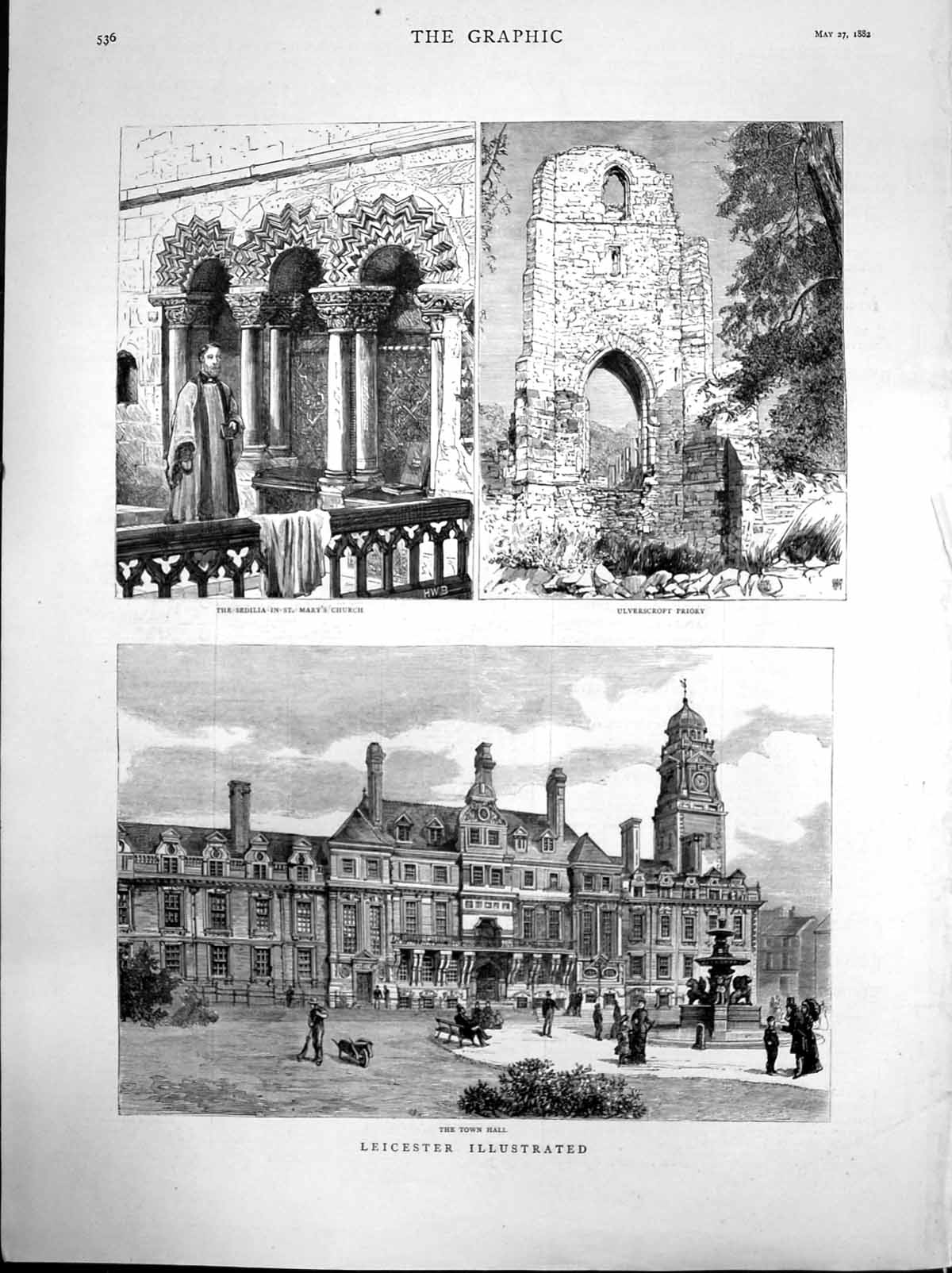 Antique Old Print Leicester Ulverscroft Priory Sedilia St Marys Church 1882