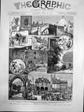 Antique Old Print Industrial Exhibition Peterborough Almshouses Swan Inn 1882