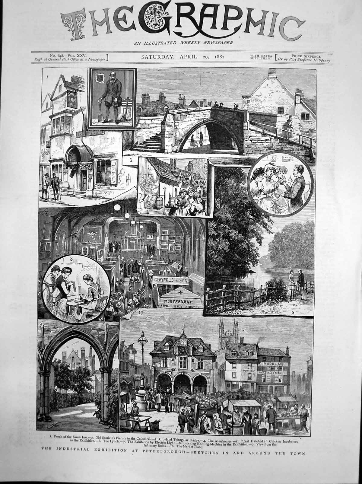 Antique Old Print Industrial Exhibition Peterborough Almshouses Swan Inn 1882