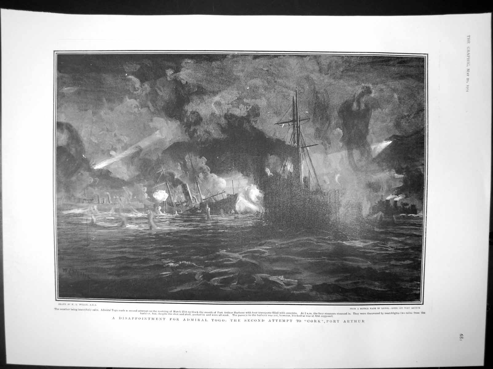 Antique Print Disappointment Admiral Togo 2Nd Attempt Cork Port Arthur1904