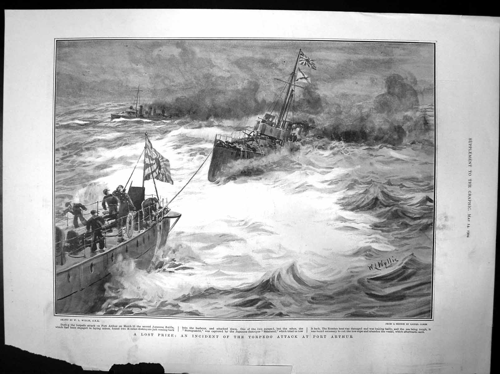 Original Old Antique Print Lost Prize Incident Torpedo Attack Port Arthur 1904