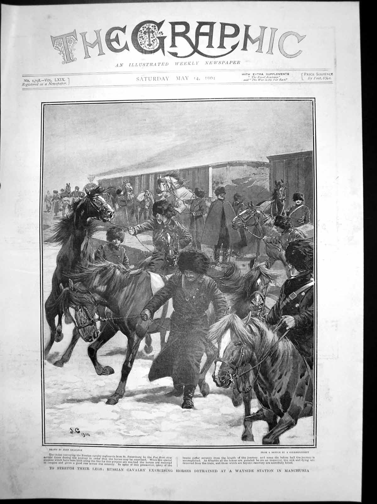 Antique Old Print Russian Cavalry Exercising Horses Detrained Manchuria 1904