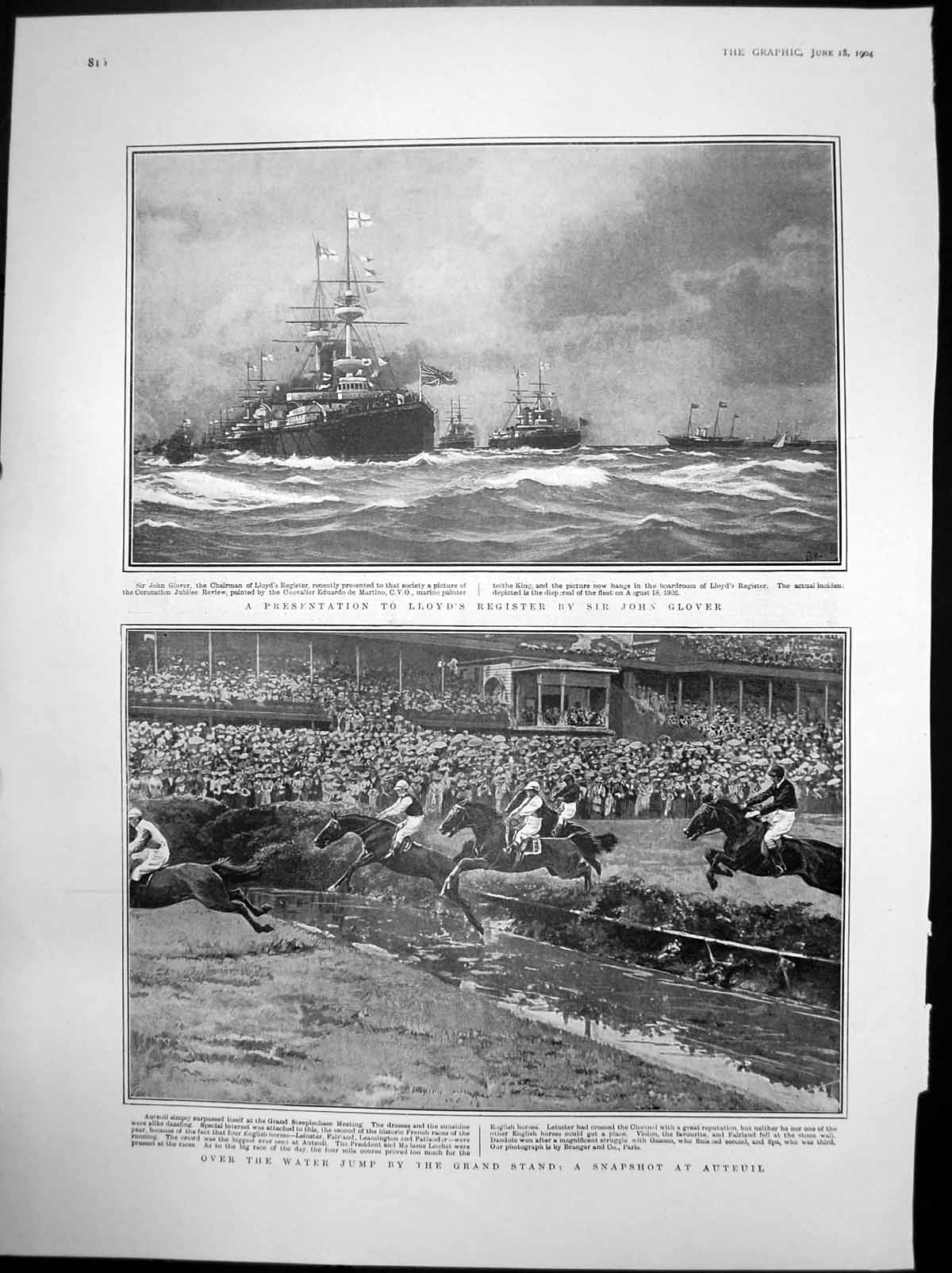 Antique Old Print Races Auteuil Presentation Lloyds Register John Glover 1904