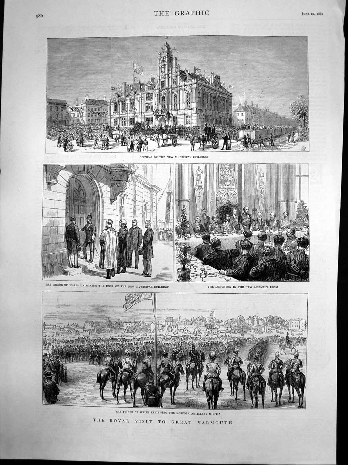 Old Print Royal Visit Yarmouth New Municipal Buildings Prince Wales 1882 19th