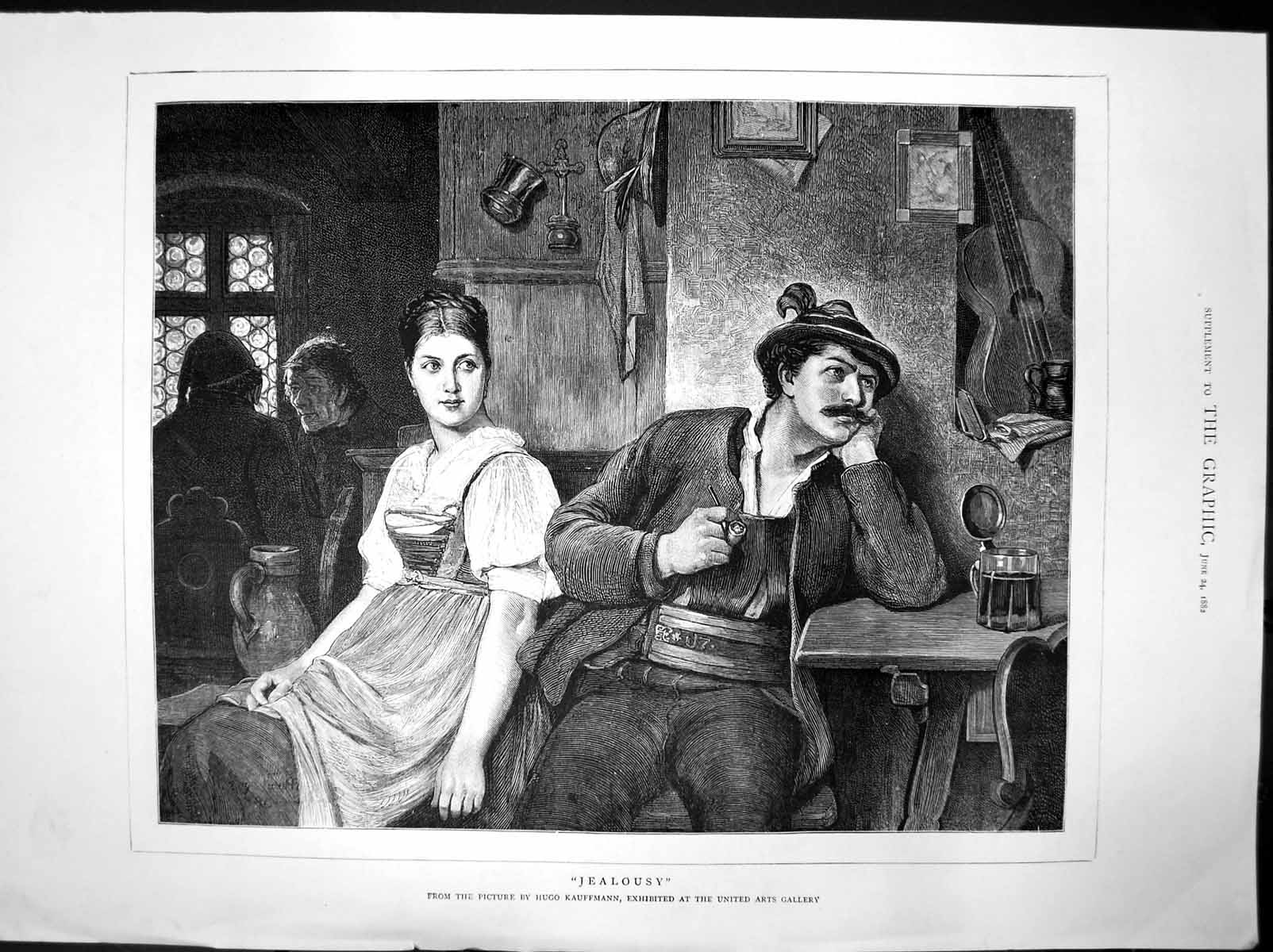 Antique Old Print Jealousy Hugo Kauffmann Woman Man Smoking Drinking Bar 1882