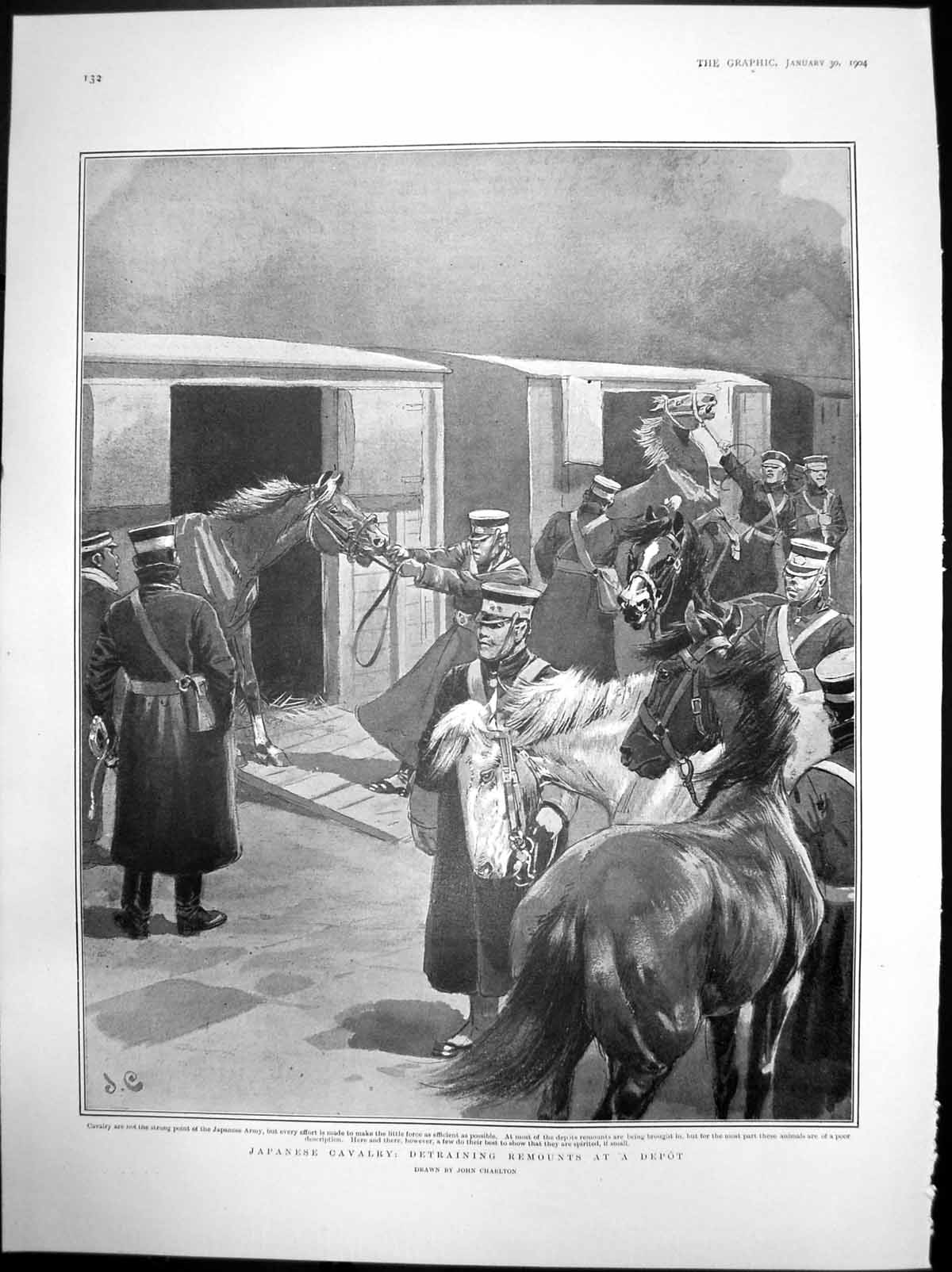 Original Old Antique Print Japanese Cavalry Detraining Remounts At Depot 1904