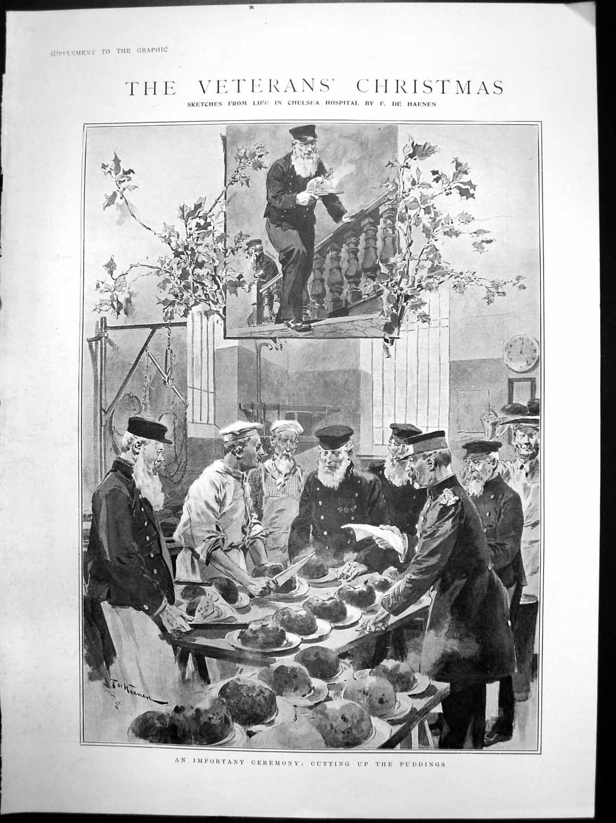 Antique Old Print Life Chelsea Hospital Cutting Up Puddings Officers C1890 19th