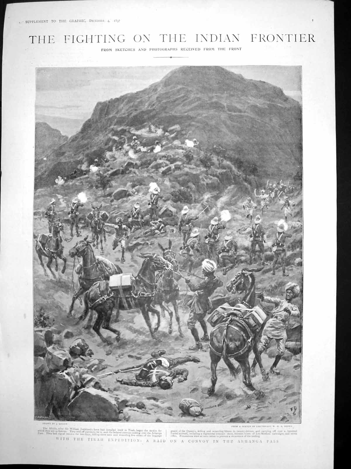 Old Antique Print Fighting Indian Frontier Raid Convoy Arhanga Pass 1897 19th