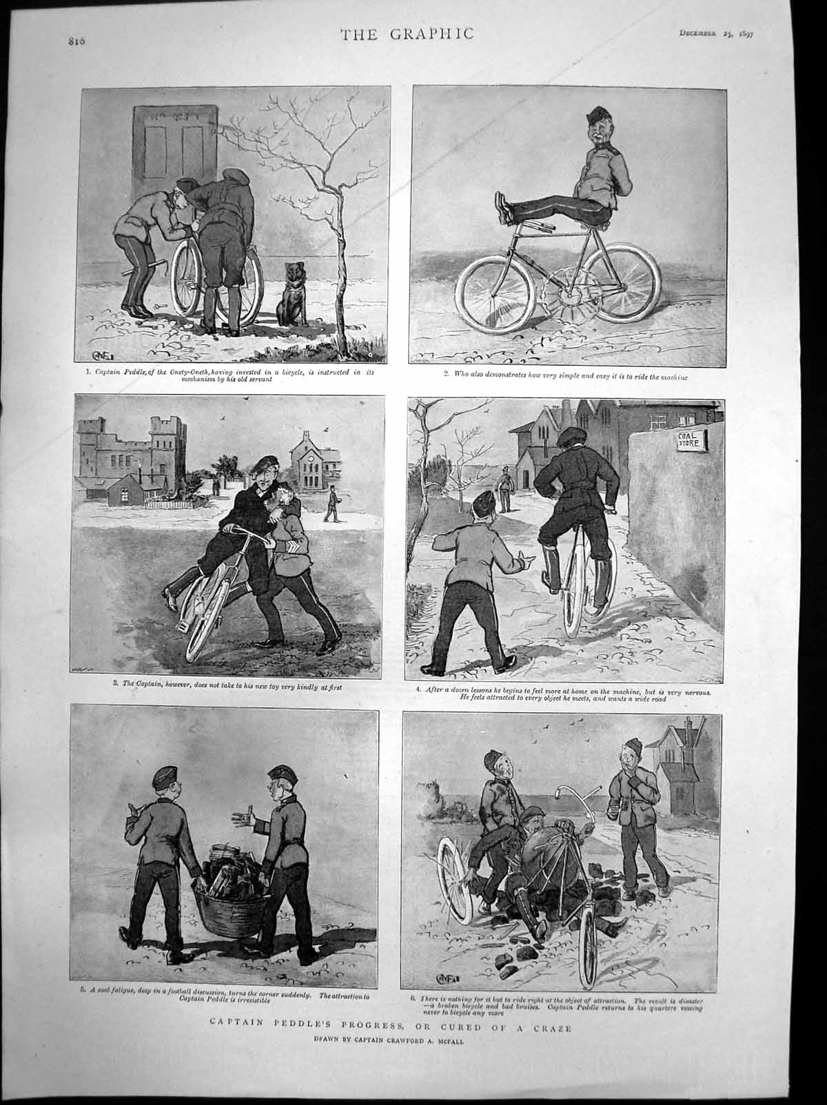 Old Antique Print Captain Peddles Progress Cured Craze Bicycle Fall 1897 19th