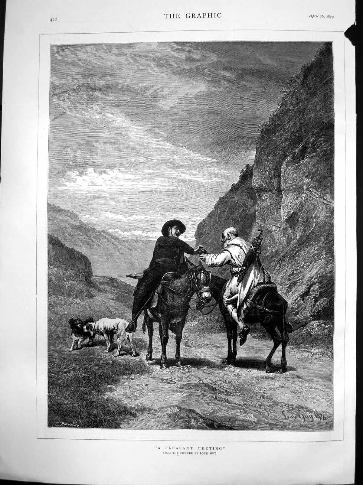 Old Print Pleasant Meeting Louis GuyHorse Riders Dogs Meet Valley 1879