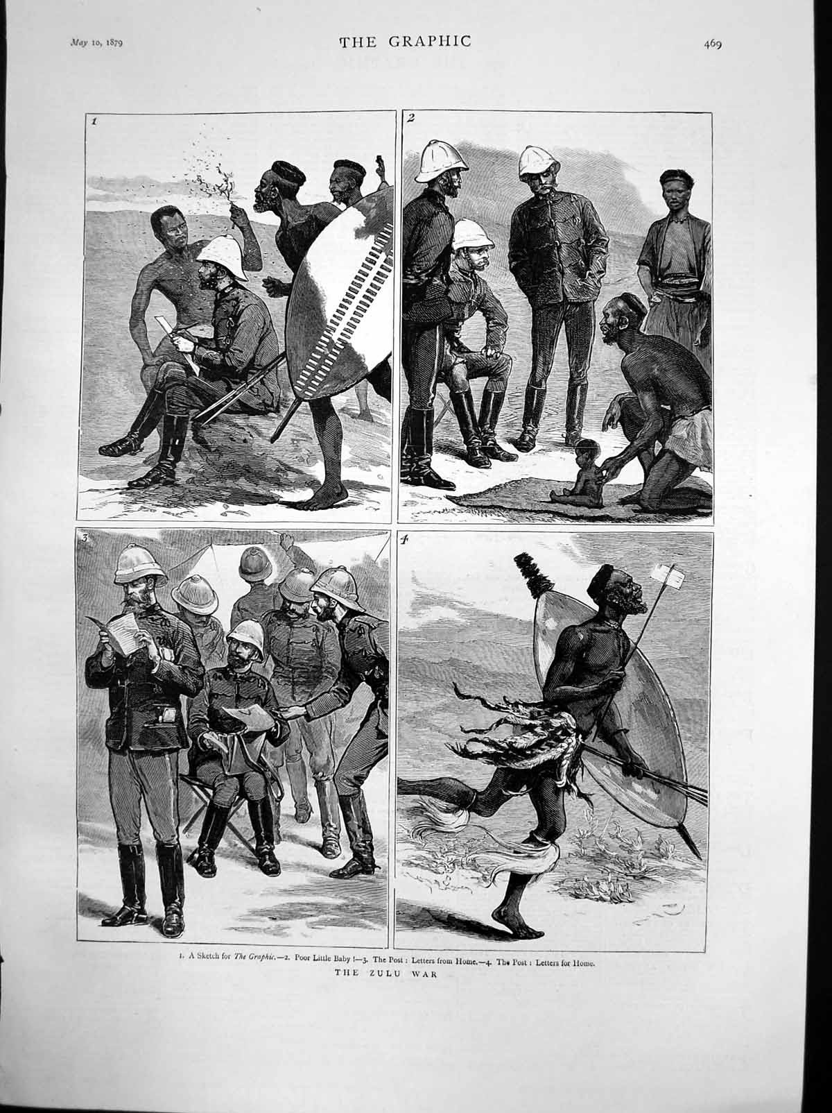 Original Old Antique Print Zulu War Sketch Graphic Post Letters Home Baby 1879