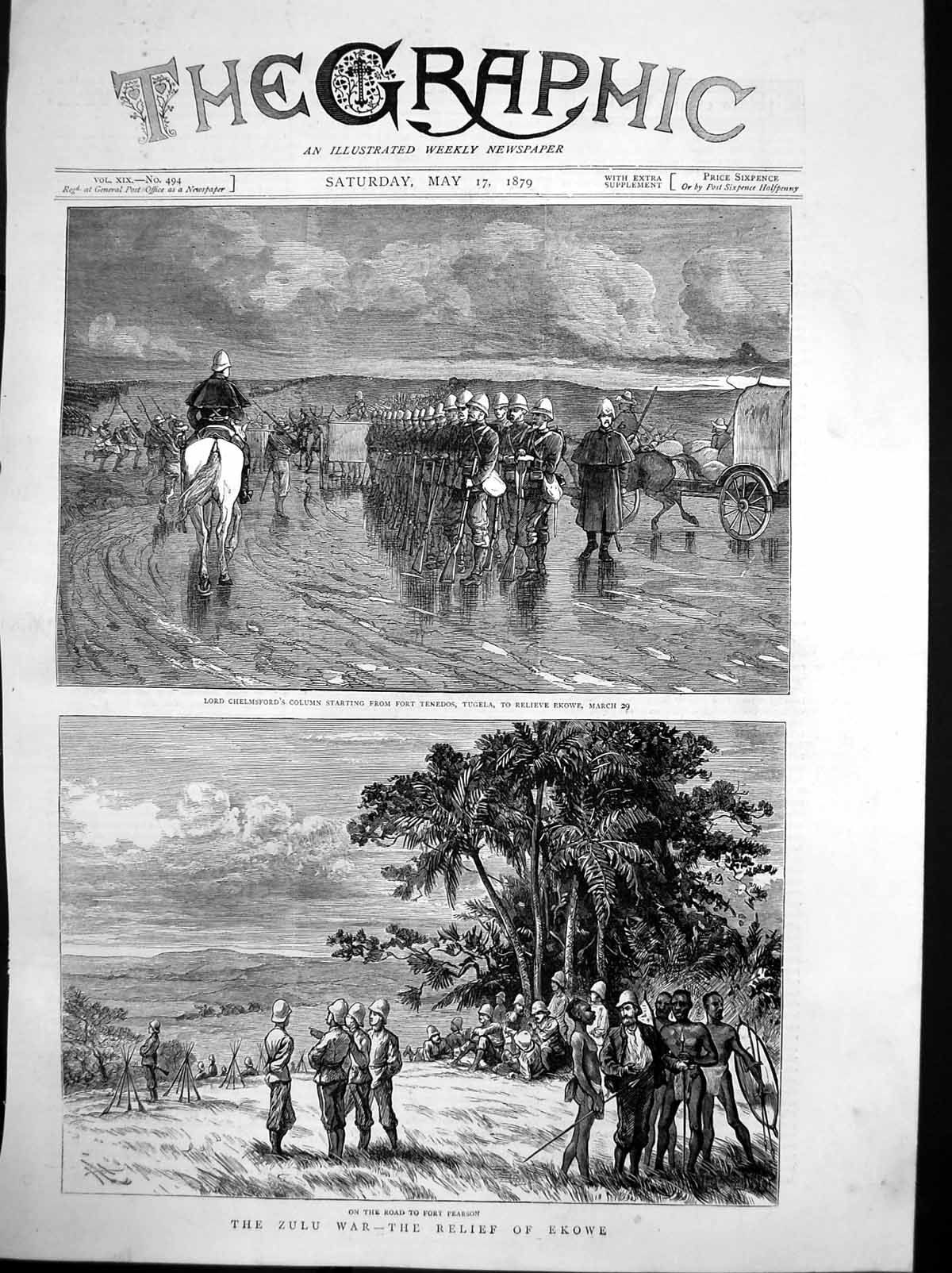 Antique Old Print Zulu War Relief Ekowe Lord Chelmsfords Column Tenedos 1879