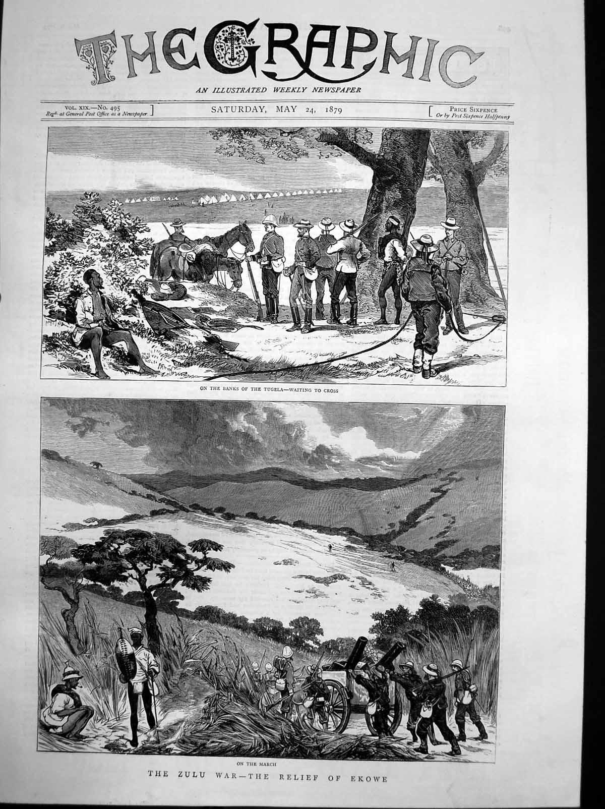Antique Old Print Zulu War Relief Ekowe Banks Tugela Waiting Cross March 1879