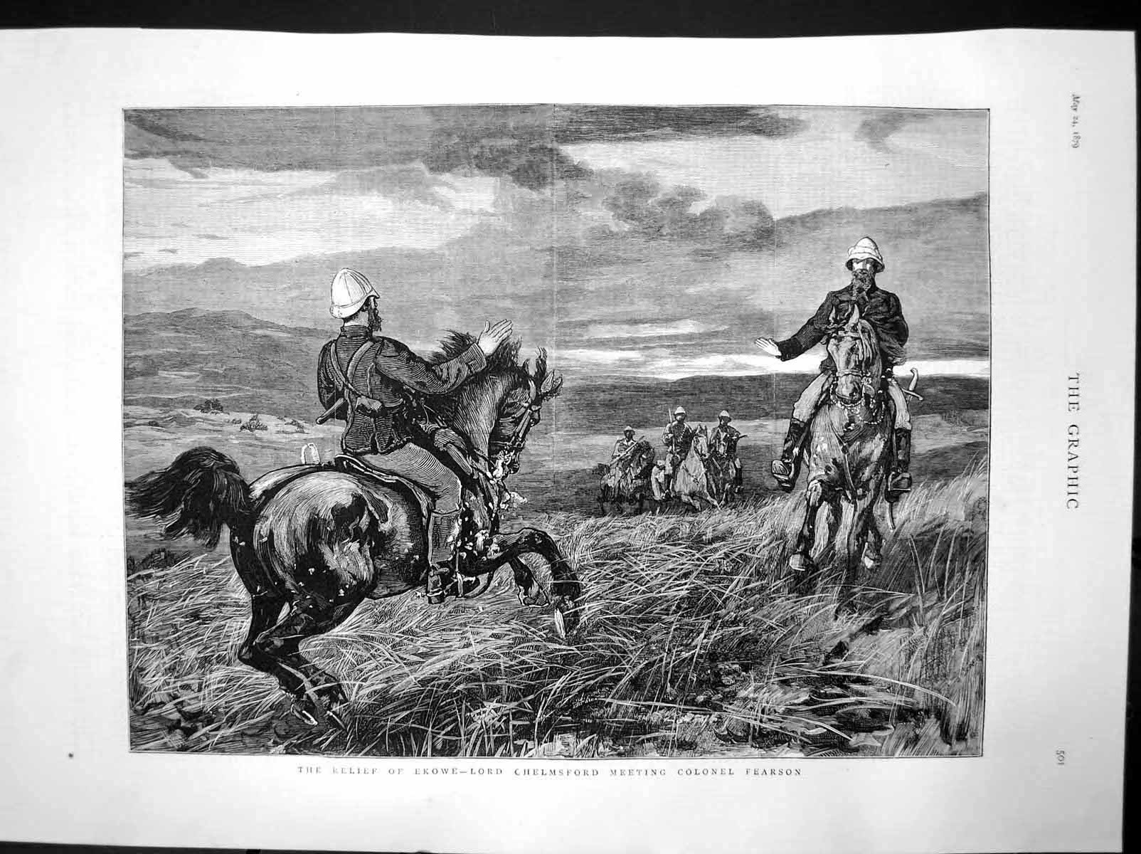 Antique Old Print Relief Ekowe Lord Chelmsford Meeting Colonel Pearson 1879