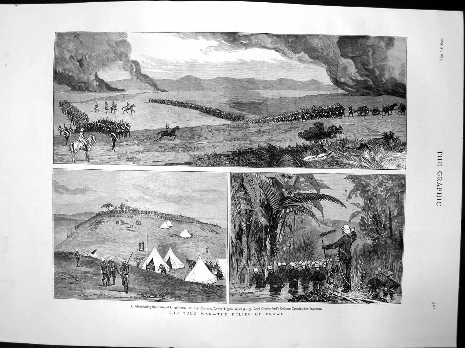 Old Antique Print Zulu War Relief Ekowe Abandoning Camp Ginghilova 1879 19th