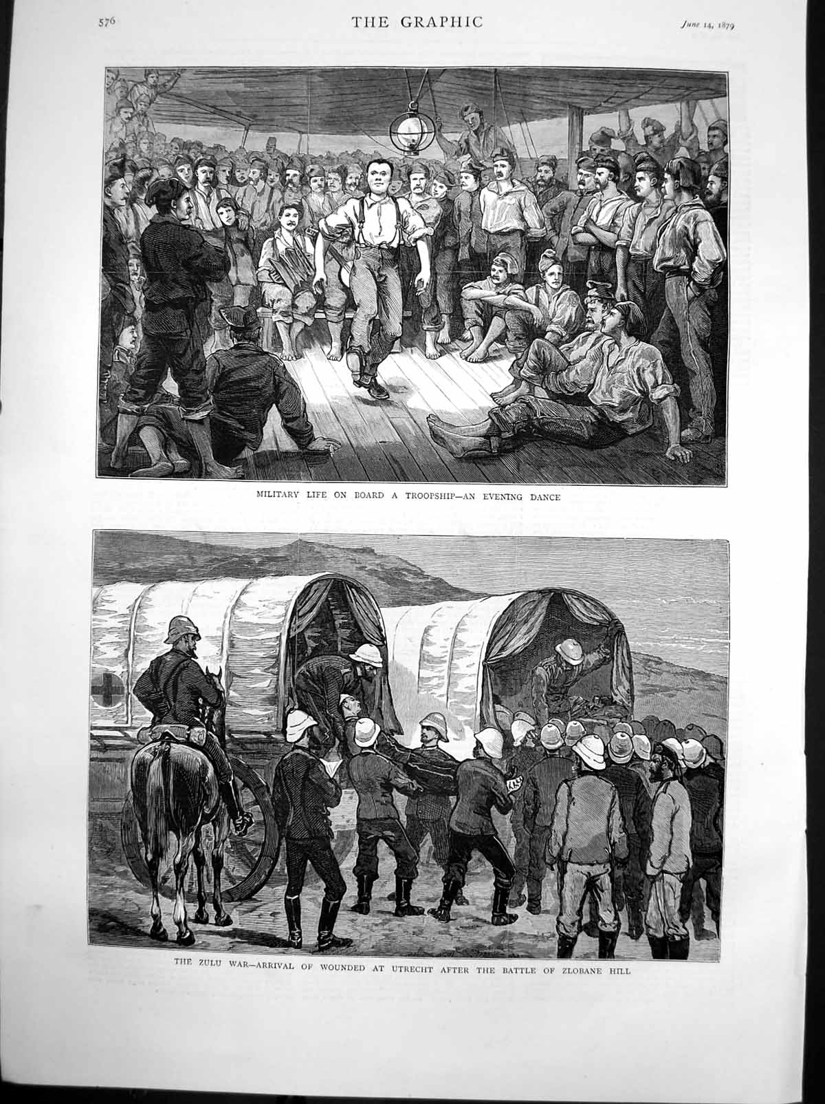 Old Antique Print Military Life Troopship Zulu War Wounded Utrecht 1879 19th