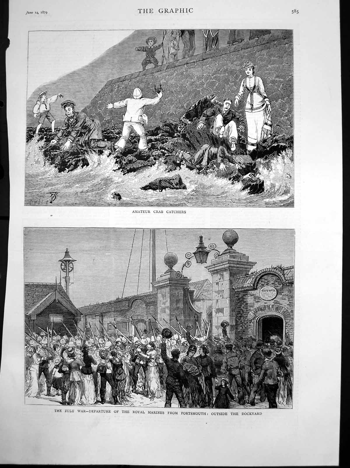 Antique Old Print Amateur Crab Catchers Royal Marines Portsmouth Zulu War1879