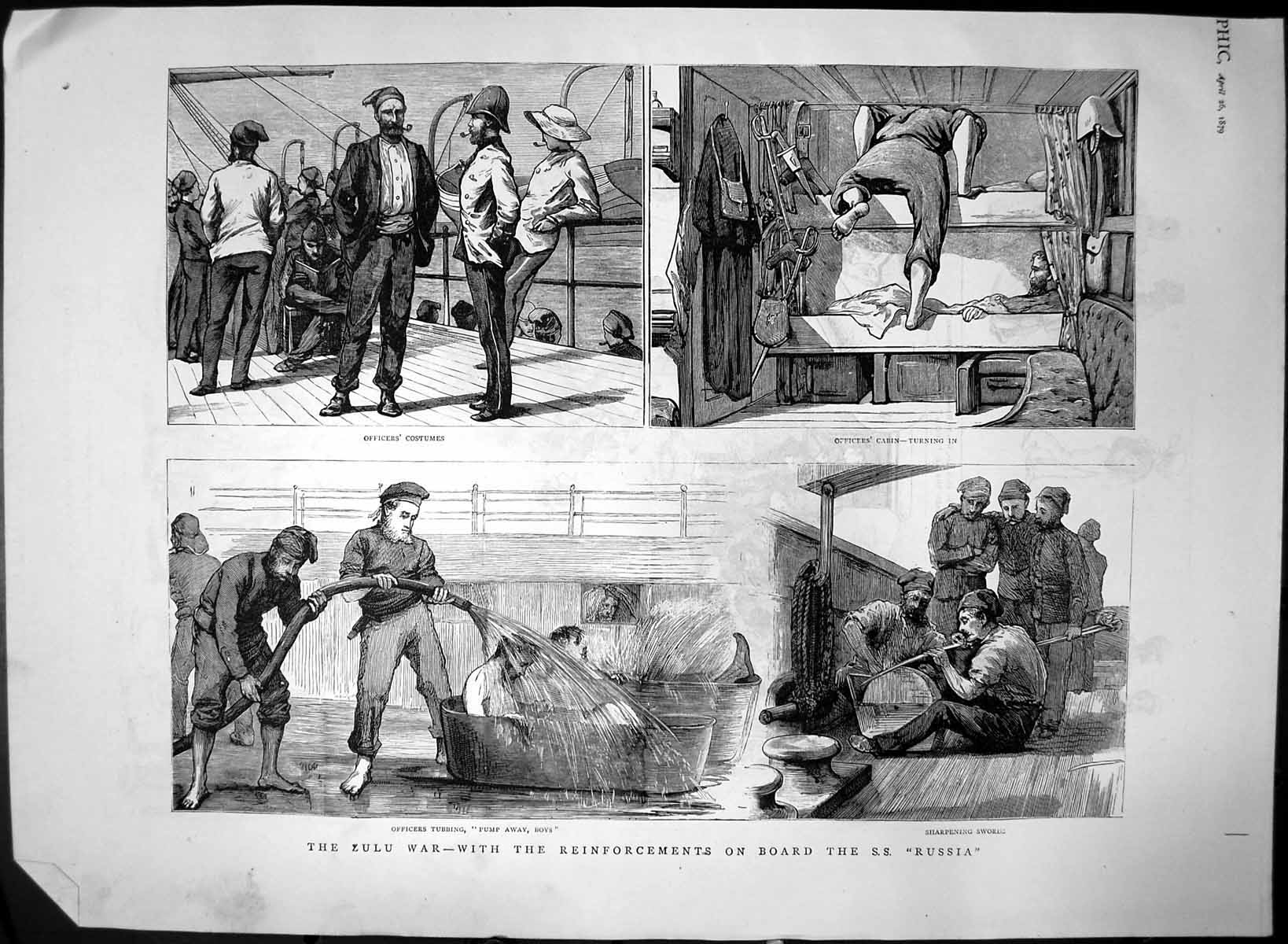 Original Old Antique Print Zulu War With Reinforcements On Board Ss Russia 1879
