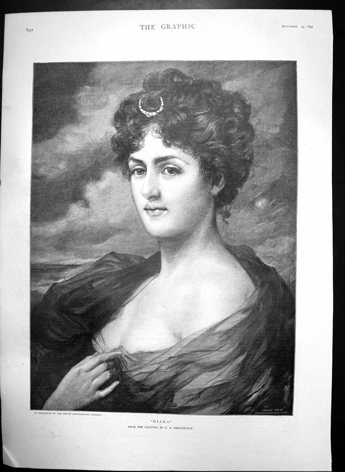 Antique Old Print Diana T B Kennington Portrait Young Woman Clasp Hair 1897