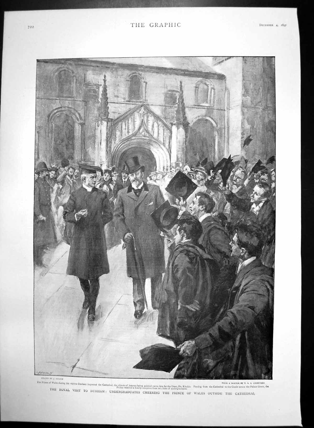 Antique Old Print Durham Undergraduates Cheering Prince Wales Cathedral 1897