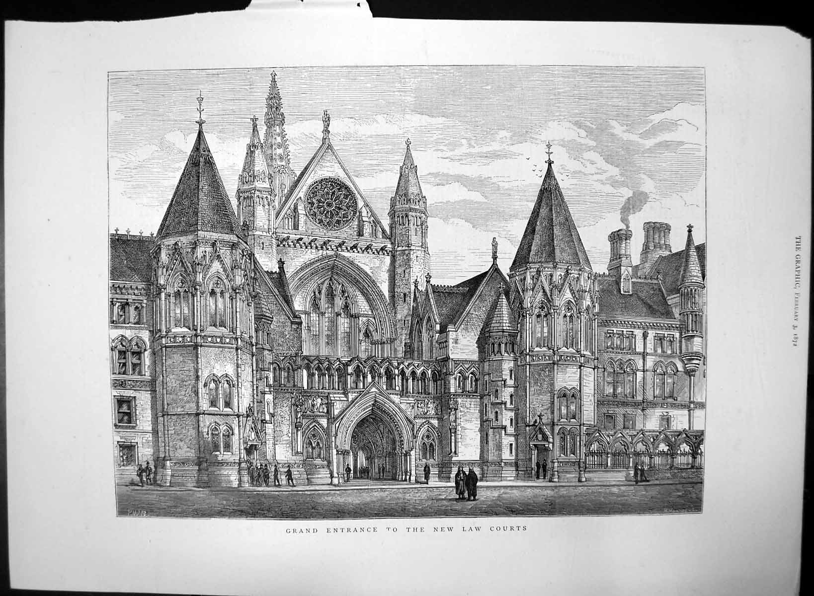 Original Old Antique Print Grand Entrance New Law Courts Exterior 1872 19th