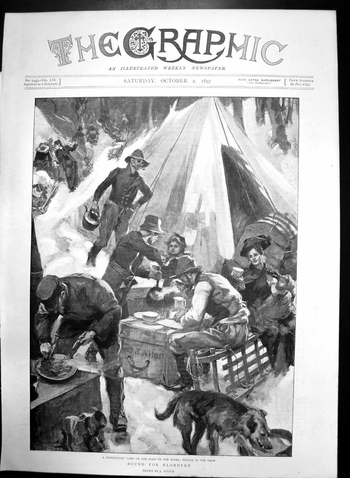 Antique Old Print Klondyke Prospectors Camp Road Mines Dinner In Snow 1897 19th