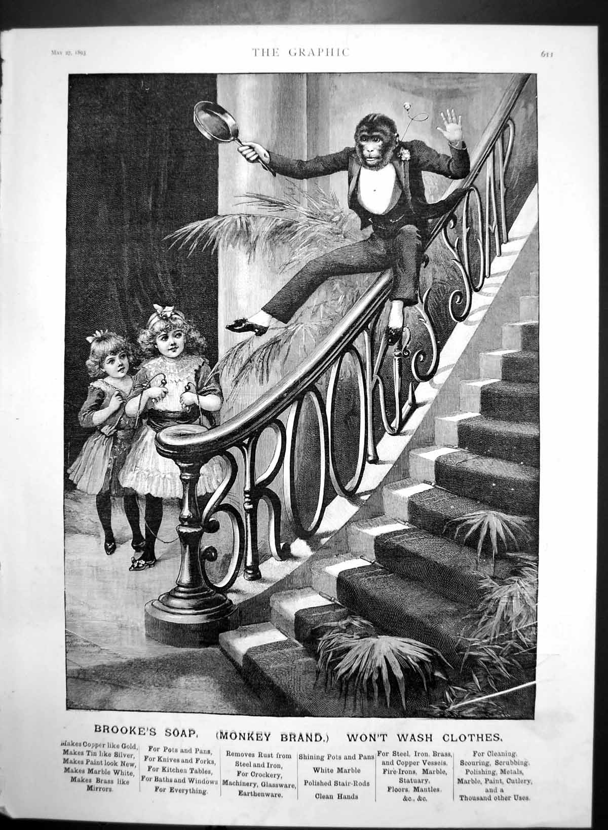 Antique Old Print Brookes Soap Monkey Brand Crockery Brass Copper Iron 1893