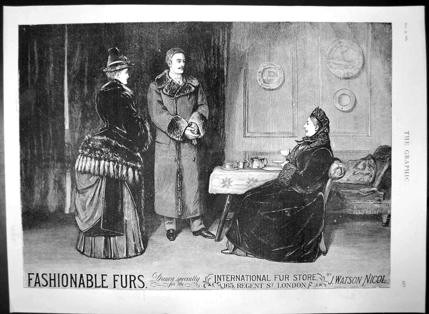 Original Old Antique Print International Fur Store Ladies Gents Coats Hats 1885