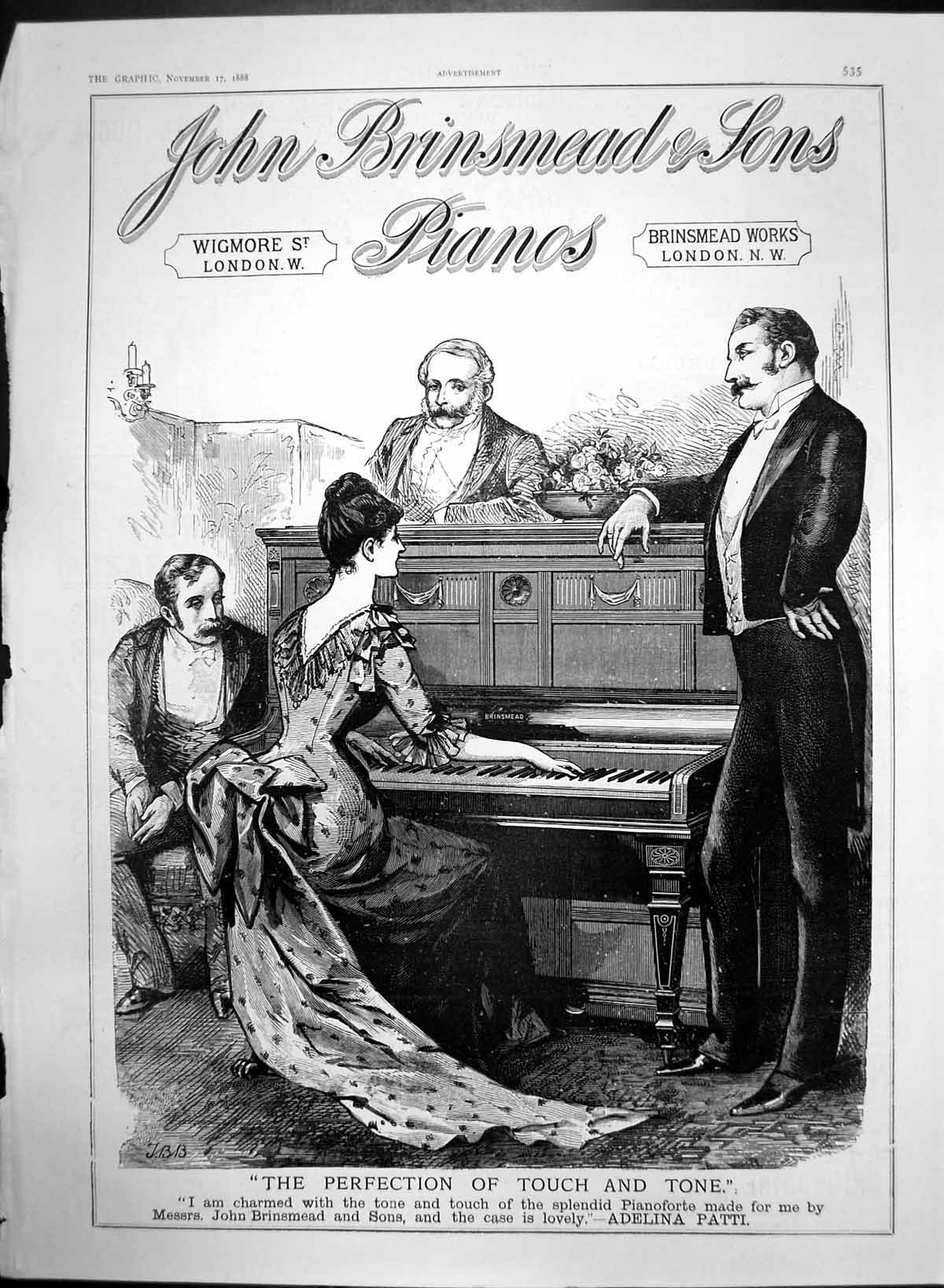 Old Antique Print John Brinsmead Pianos London Perfection Touch Tone 1888 19th