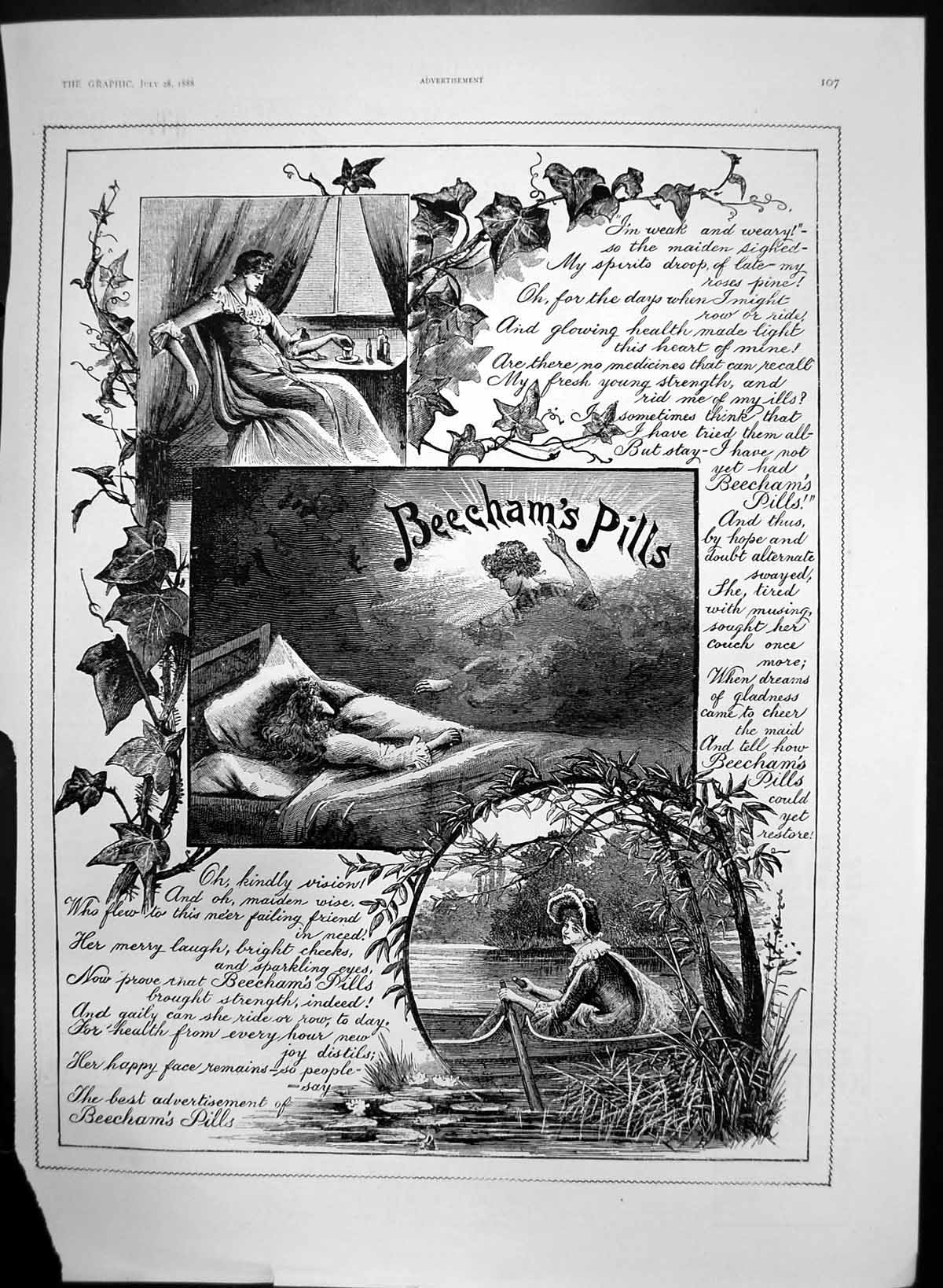 Original Old Antique Print Beechams Pills Health Maid Could Yet Restore 1888